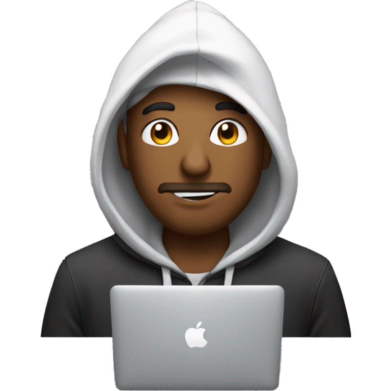 hombre con buzo y capucha con una macbook emoji