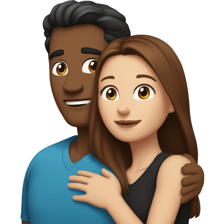 Couple embracing with arms around each other; white woman with blue eyes and brown hair, Indian man with black hair  emoji