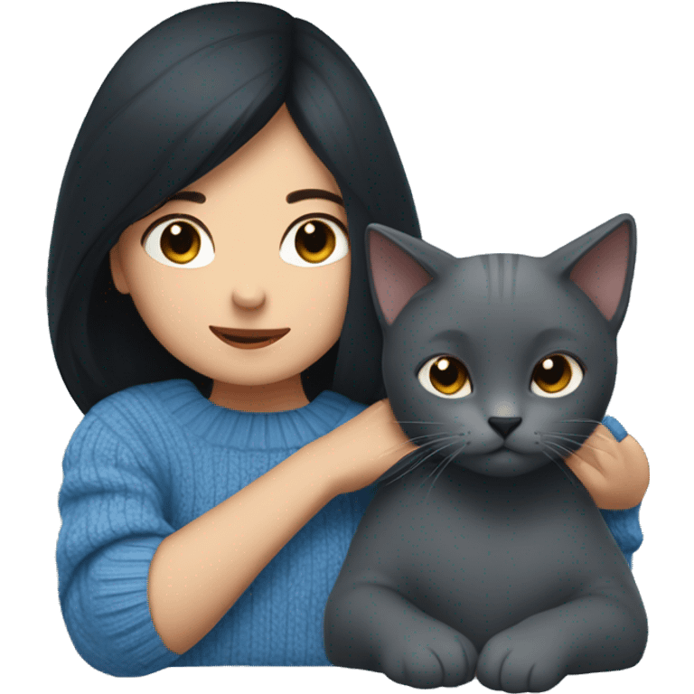 A girl with black hair wearing a blue sweater hugs a gray cat emoji