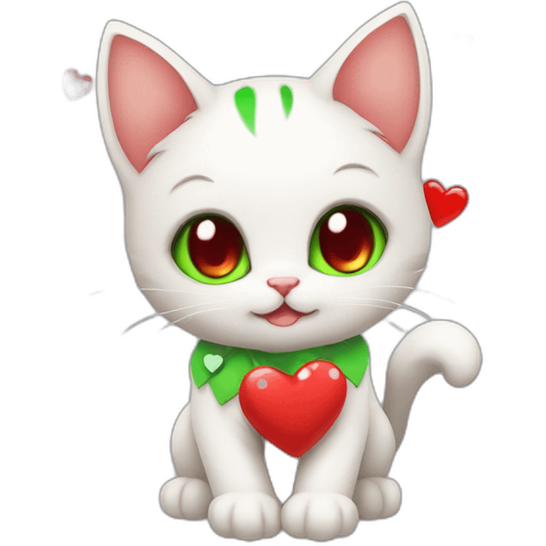 Super cute kitten with green anime eyes holding red hearts emoji