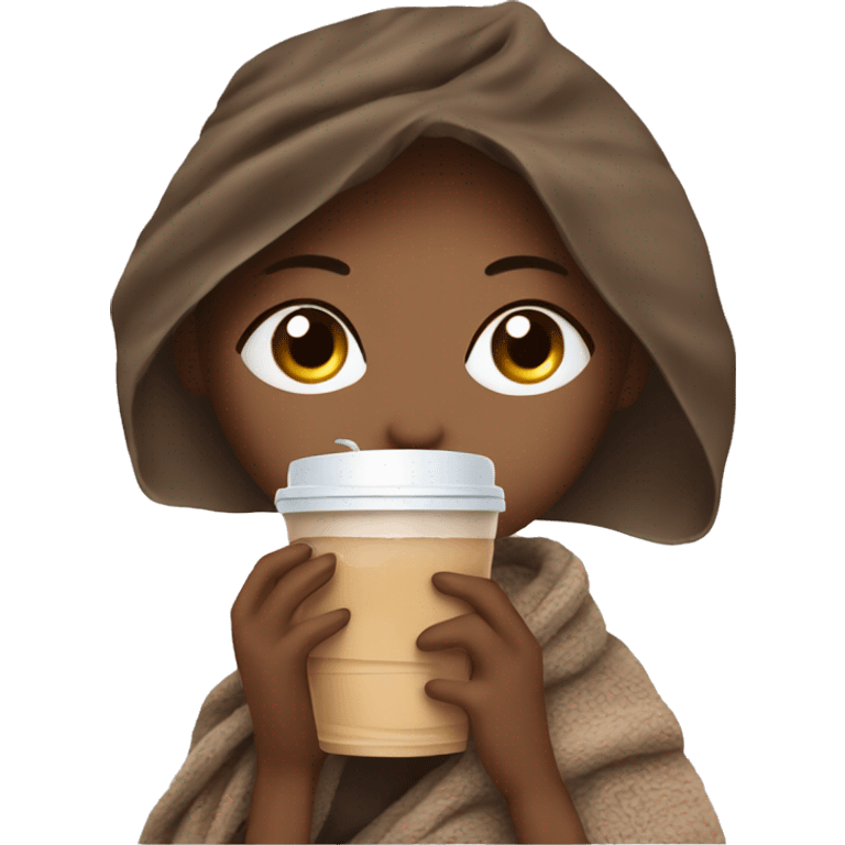 pretty girl sipping iced coffee eyes closed wrapped in cozy blanket emoji