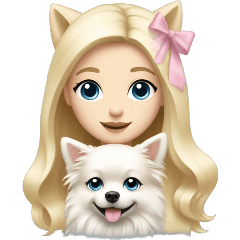 Blond girl white skin blue eyes hugging white Pomeranian with light pink bow emoji