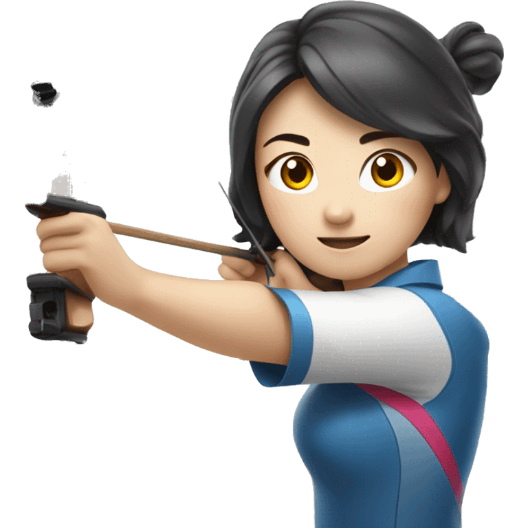 A female Korean national archery team member is carefully shooting her bow. emoji