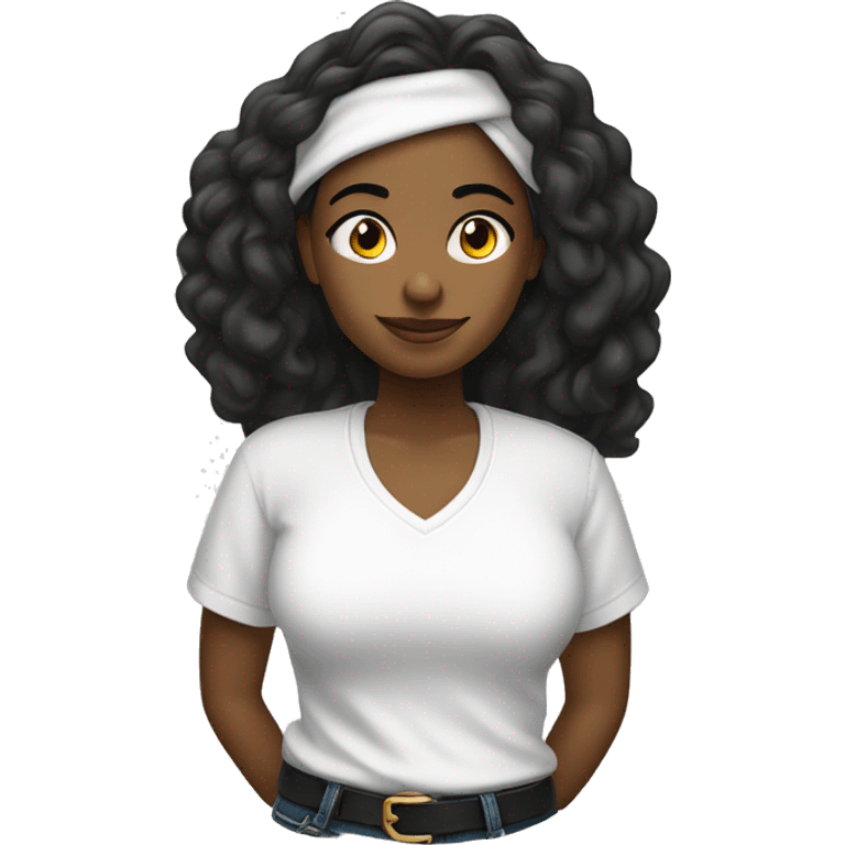 Una chica de cabello negro y liso con una camiseta blanca  emoji