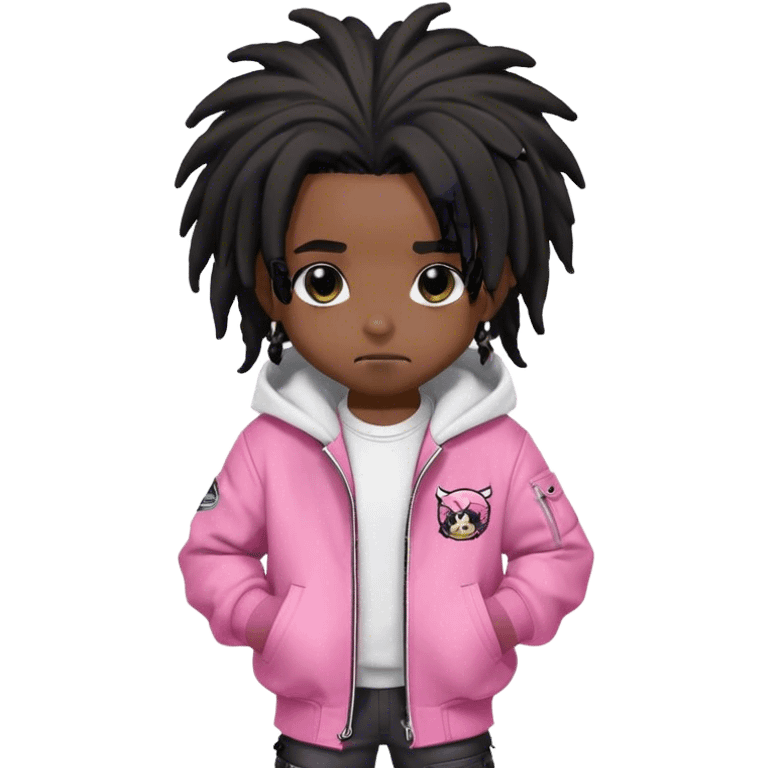 a black chibi character with medium length black dreadlocks, no beads or accessories in his hair. He wears a pink bomber jacket over a white hoodie. Its large, expressive eyes and detailed design give it a style that is both modern and endearing. The whole is designed with careful rendering and harmonious colors, highlighting its unique appearance. emoji