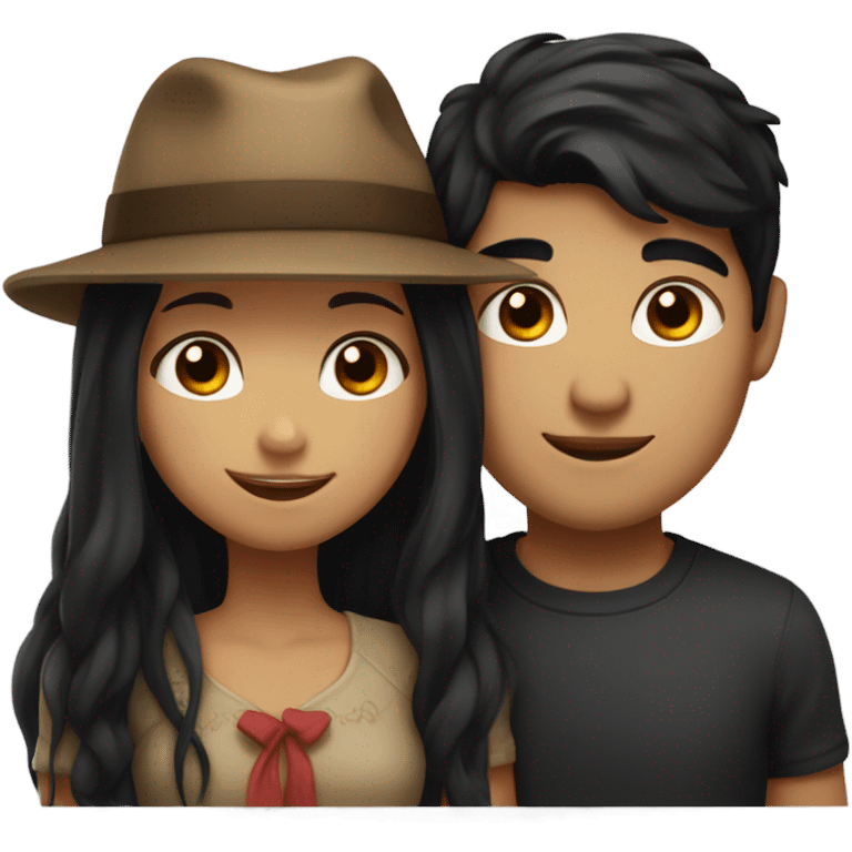 Girl with long black hair brown eyes and guy with black hair brown eyes and a hat holding one another emoji