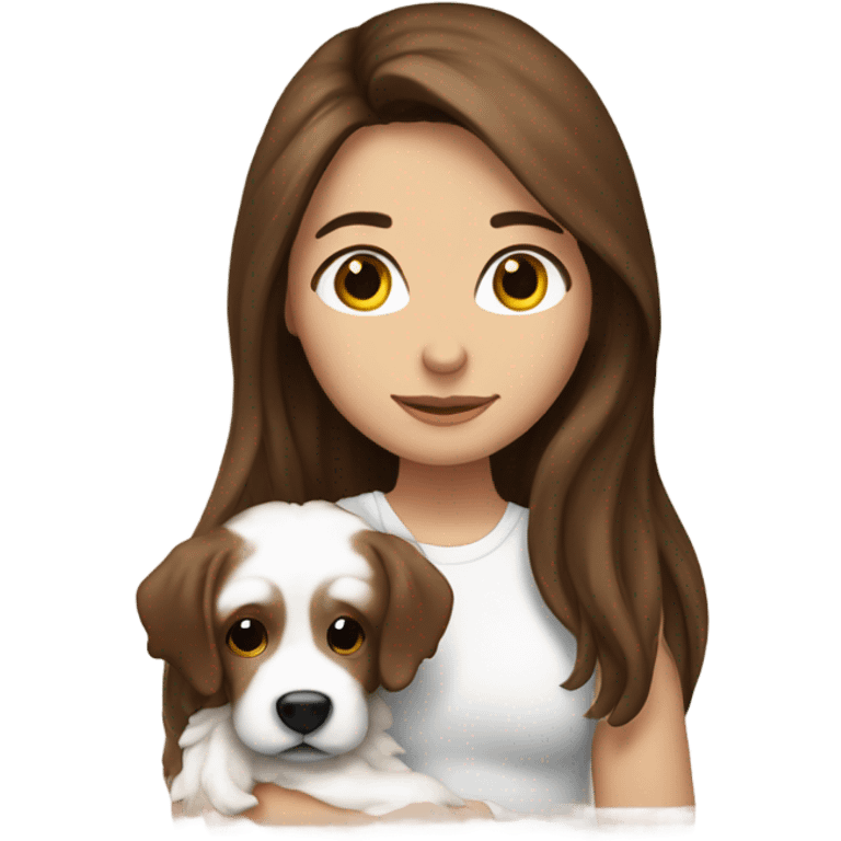 Girl Brunette  with brown long hair, hugging her white bishon emoji