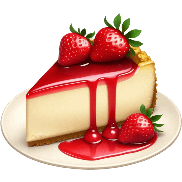 Cinematic creamy cheesecake, smooth and velvety, topped with fresh strawberries and a glossy fruit glaze, golden crumbly crust, beautifully plated, soft glowing background, indulgent and elegant. emoji