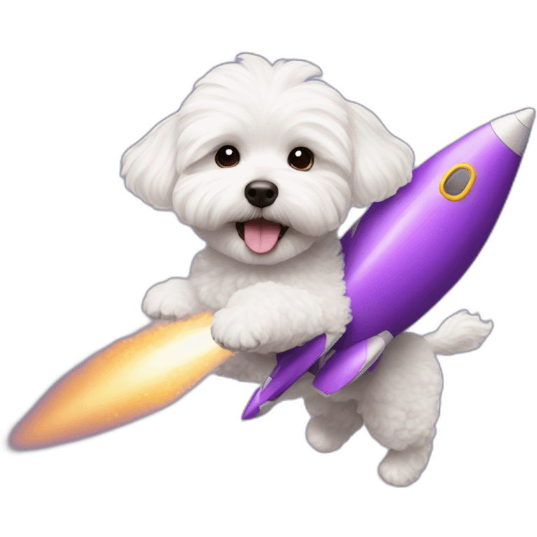 a white maltipoo flying with a purple rocket emoji