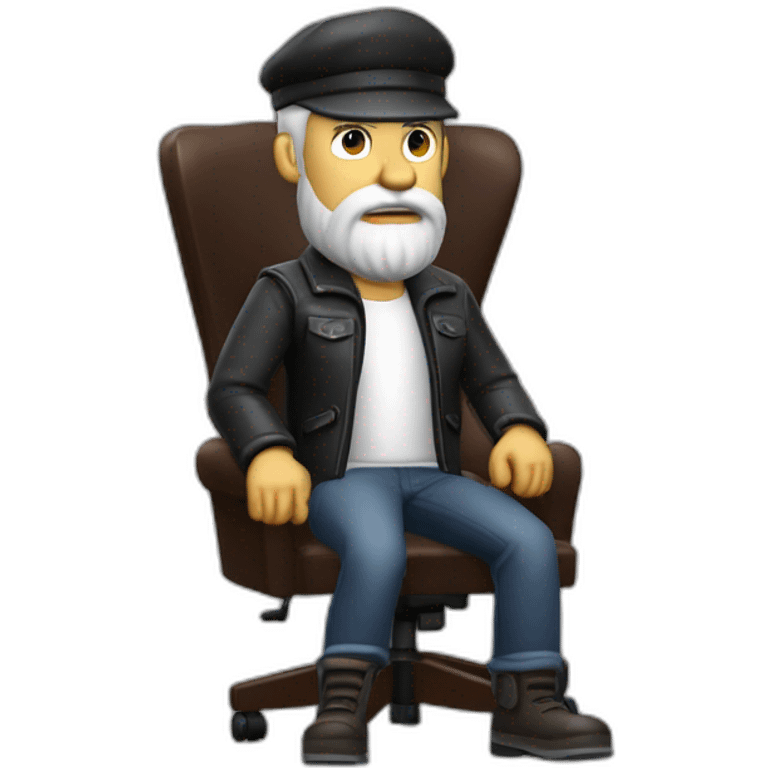 biff wiff santa beard wearing a leather jacket and a driver cap sitting in a directors chair looking angry(full body, ios17) emoji