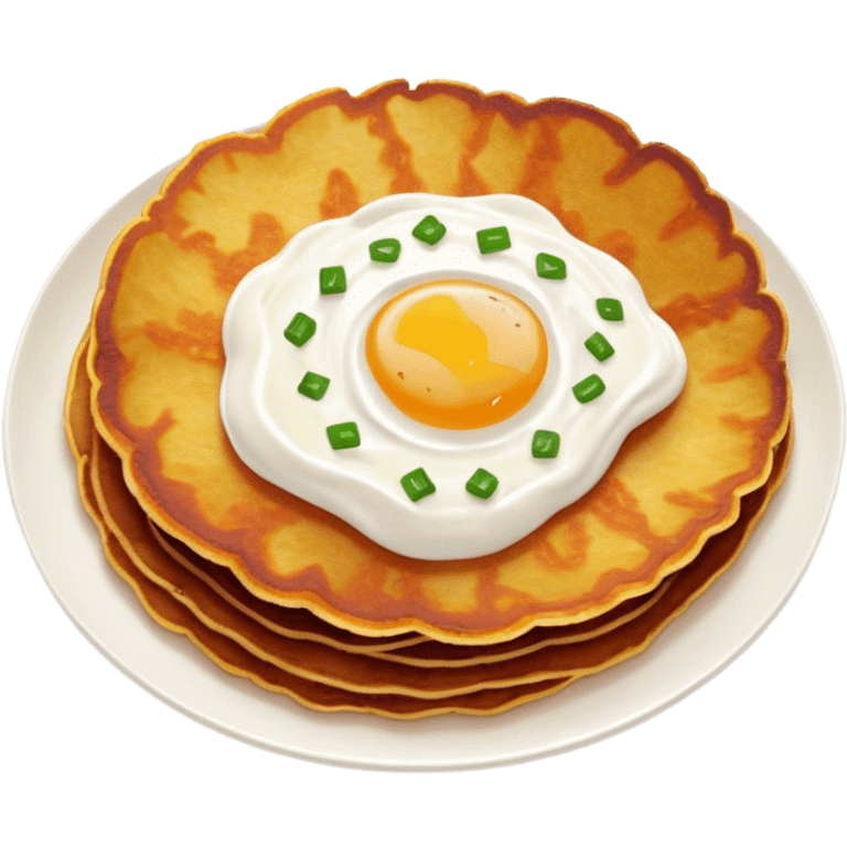 Cinematic Realistic Placki Ziemniaczane Dish Emoji, depicted as crispy potato pancakes served with sour cream rendered with vivid textures and warm, appetizing lighting. emoji