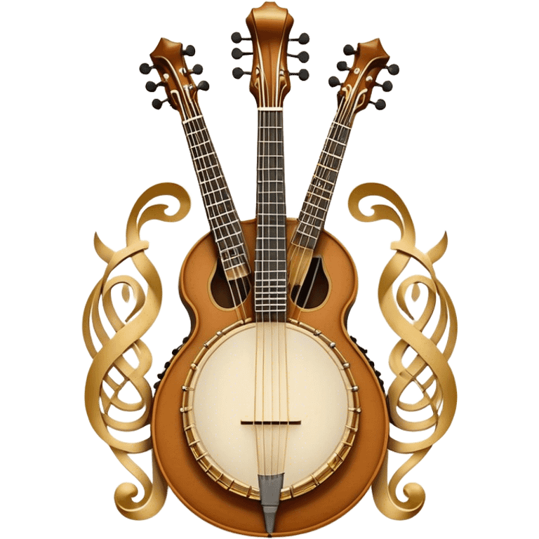 Design a sophisticated and festive emblem-like emoji representing plucked and stringed instruments. The layout should resemble a heraldic crest, featuring iconic instruments like a banjo, mandolin, domra, and sitar, artistically arranged in an elegant and symmetrical way. The necks of the instruments should be intertwined with a flowing ribbon of musical notes, winding around the strings and fretboards. The design should be detailed, showcasing the intricate carvings on the instruments, visible strings, and fret markers. Use a rich color palette with deep golds, browns, and vibrant accents to evoke a sense of luxury and celebration. The musical notes should appear to float around the instruments, connecting them in a graceful, dynamic way. Include ornate flourishes or decorative elements like laurels, swirls, or subtle engravings to give the image a professional, emblematic appearance. The background should be transparent. emoji