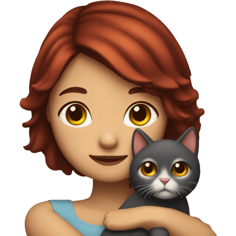 brunette girl with bob hair hugging red cat emoji