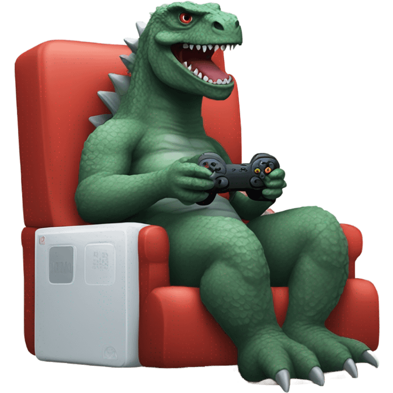 Godzilla sitting in a chair holding a game controller emoji