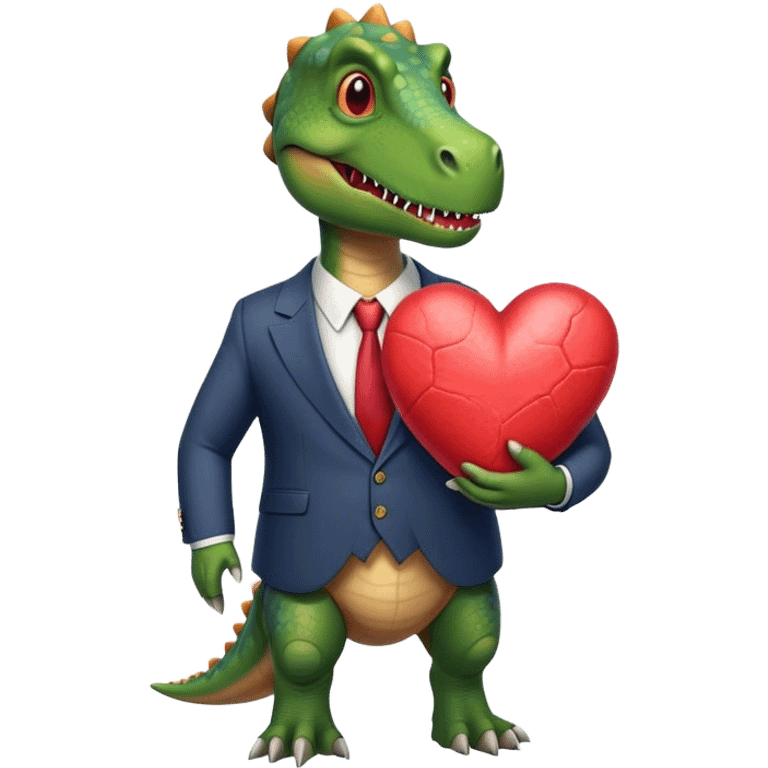 old dinosaur in a suit holding a very big heart emoji