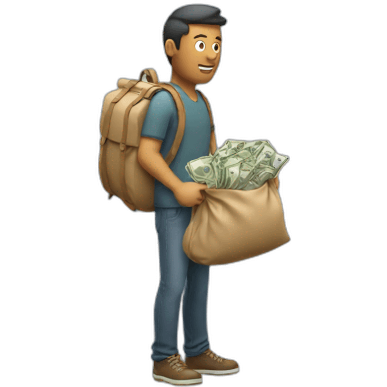 man with overloaded bag with money emoji