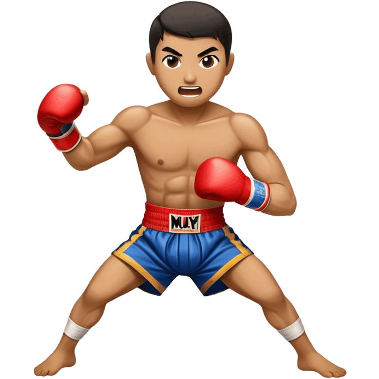 Cinematic Realistic Muay Thai Pop Culture Emoji, depicted with an action-packed portrayal of traditional Thai boxing rendered with bold textures and energetic, dramatic lighting. emoji