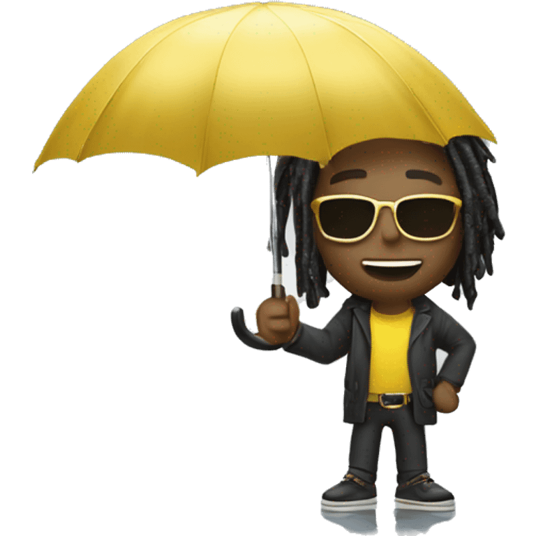 White male with dreadlock’s wearing gold sunglasses holding an umbrella for the rain as money falls from the sky  emoji