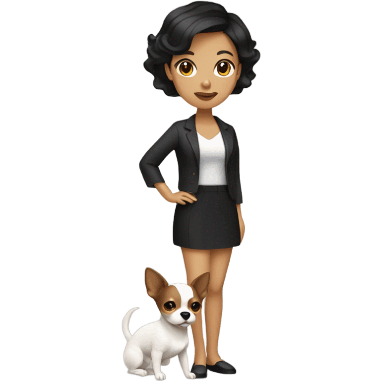 Wavy dark brown short hair Filipino lady with Chihuahua black and white. emoji