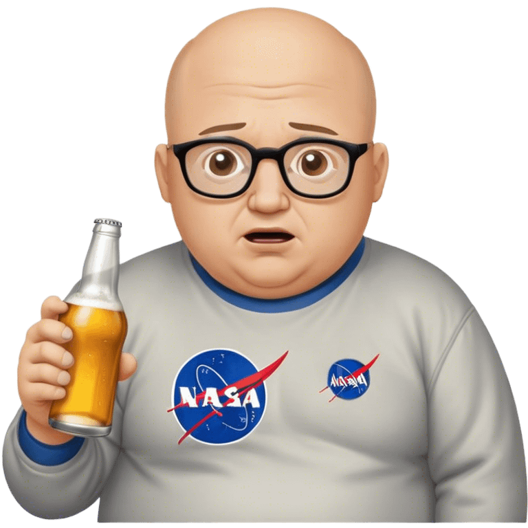  chubby weepy salesperson, beer bottle, complaining, not much hair, nasa sweatshirt, with glasses, 40 years old emoji