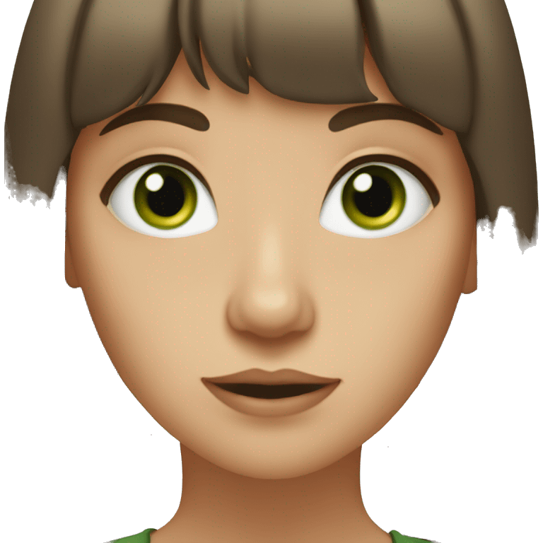 lady with long brown hair and bangs and circle earrings and green eyes  emoji