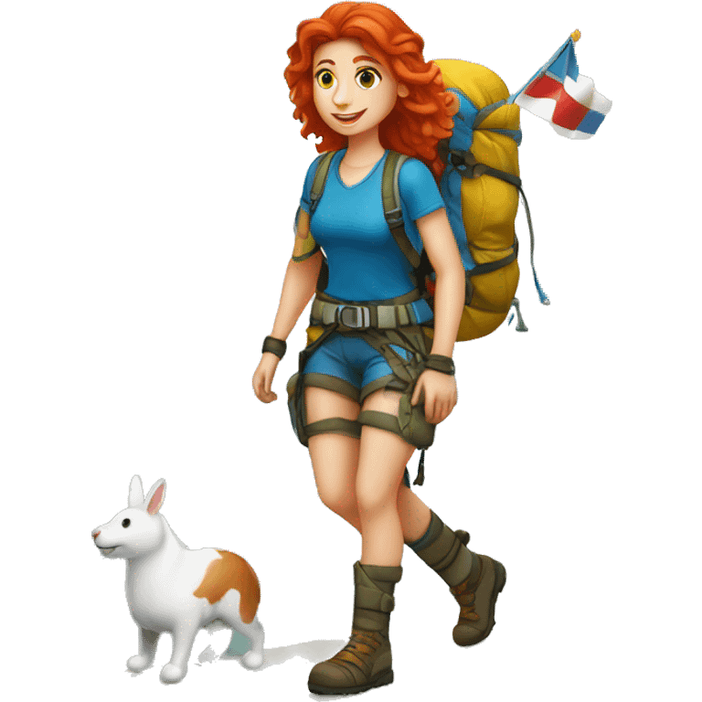 Female mountain climber red hair climbing with Greek flag on backpack and holding Easter eggs basket emoji