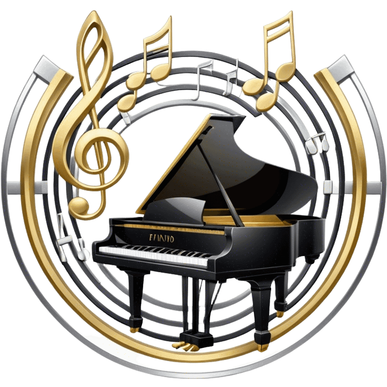 Create an elegant and festive emoji collage representing keyboard instruments, styled like a heraldic emblem. The design should feature a central focal point of black and white piano keys, arranged in a semi-circular or shield-like shape. Around the piano keys, add intertwining musical notes that form flowing ribbons, creating a dynamic and celebratory atmosphere. The design should be professional, with polished silver and gold accents on the keys and notes, highlighting the luxury and sophistication of the instruments. Add subtle shading and lighting effects to give the design a refined, 3D appearance. The background should remain transparent, and the overall feel should evoke grandeur, artistry, and a sense of celebration. emoji