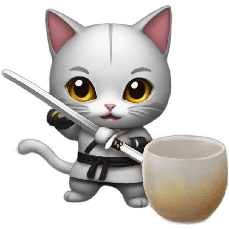 Ninja cat cuts croissant with  katana emoji