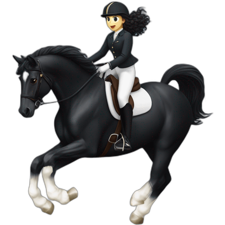 a  JET BLACK HORSE JUMPING AN OBTACLE, THE HORSE HAS A WHITE BLAZE AND THREE WHITE SOCKS. tHE HORSES RIDER IS A YOUNG FEMALE WITH LONG CURLY BRUNNET HAIR emoji