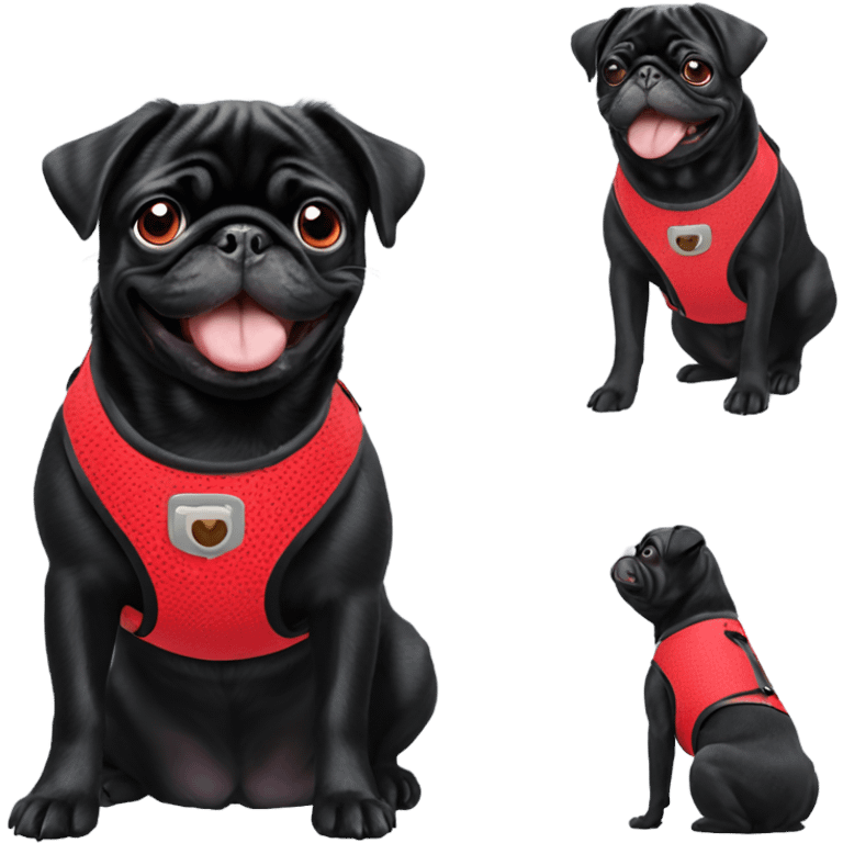 Black pug smiling in red harness emoji