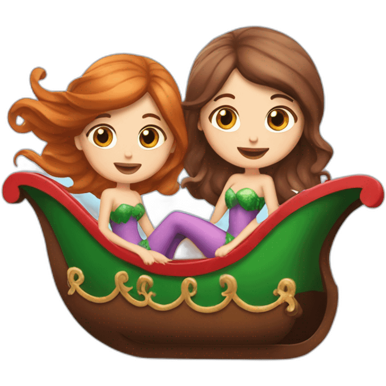 Two brown haired mermaids in Santa’s sleigh emoji