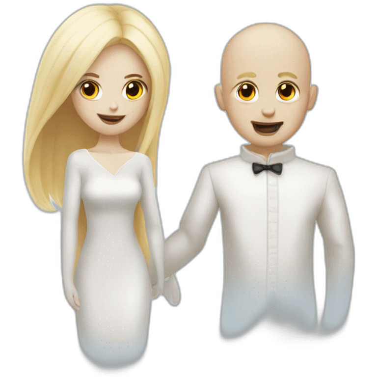 a blondie girl and a bald guy dressed as a ghost and a bald guy going both to a party emoji