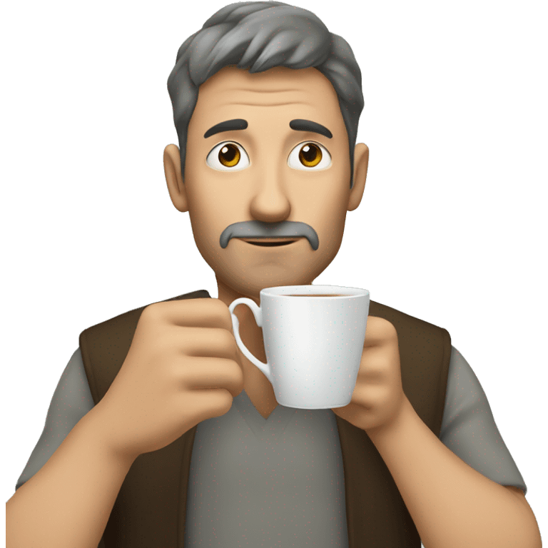 a man drink a tea  with specail cup emoji