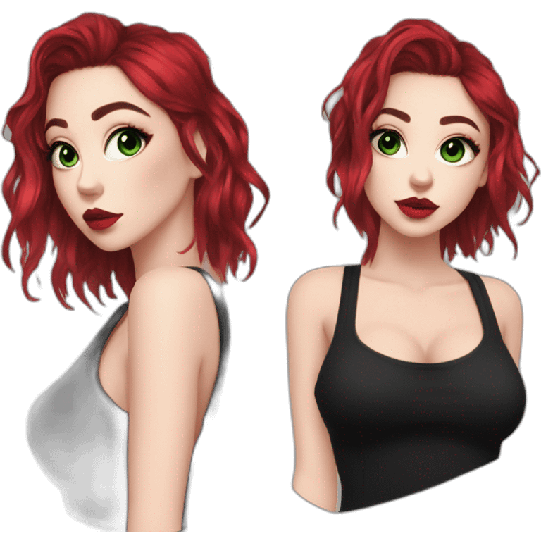 green hair, black outfit, white girl, red lips, portrait, e girl, short hair, black dress emoji