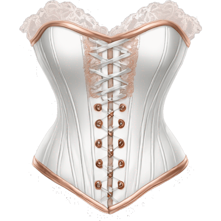 Realistic victorian white leather corset top clothing with rose gold lace isolated.  emoji