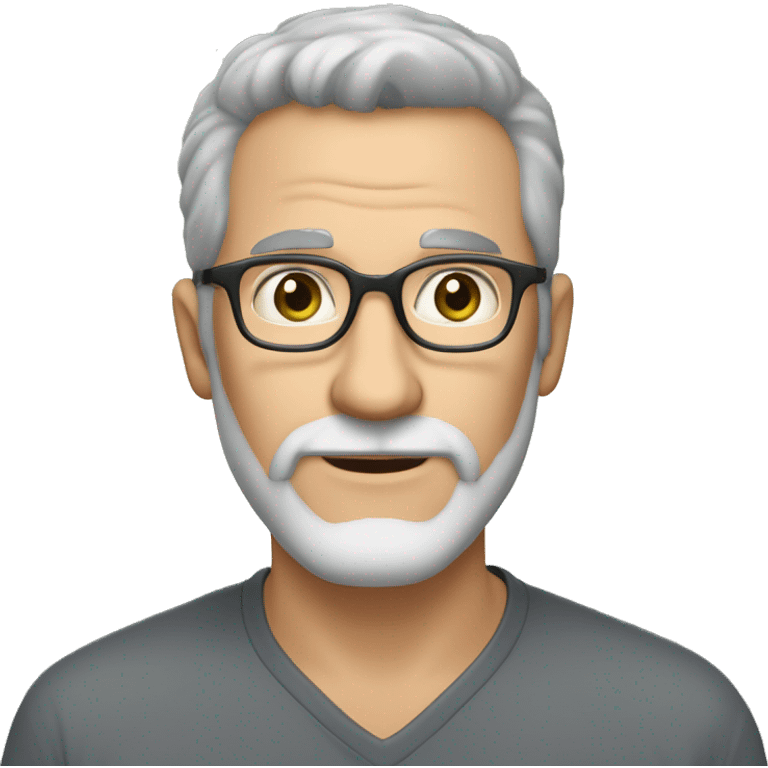 A thin handsome man in his 50s with graying short hair and a gray beard wearing brown, acetate framed eyeglasses he has greenish hazel eyes eyes emoji