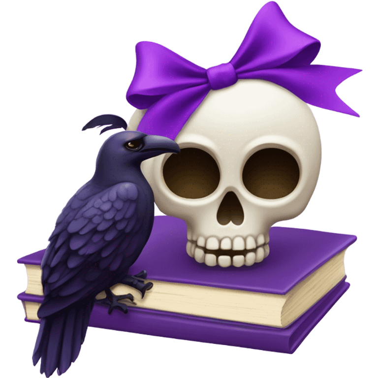 Skull with purple bow and a purple raven with purple books emoji