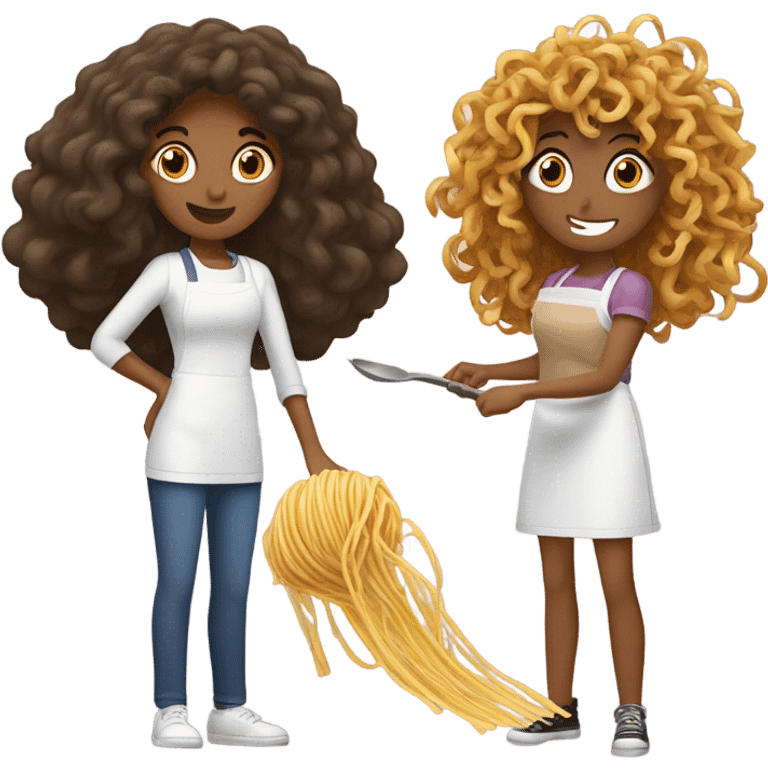 Spaghetti cooking battle teenage girl with curly hair, adult woman with slightly wavy hair  emoji