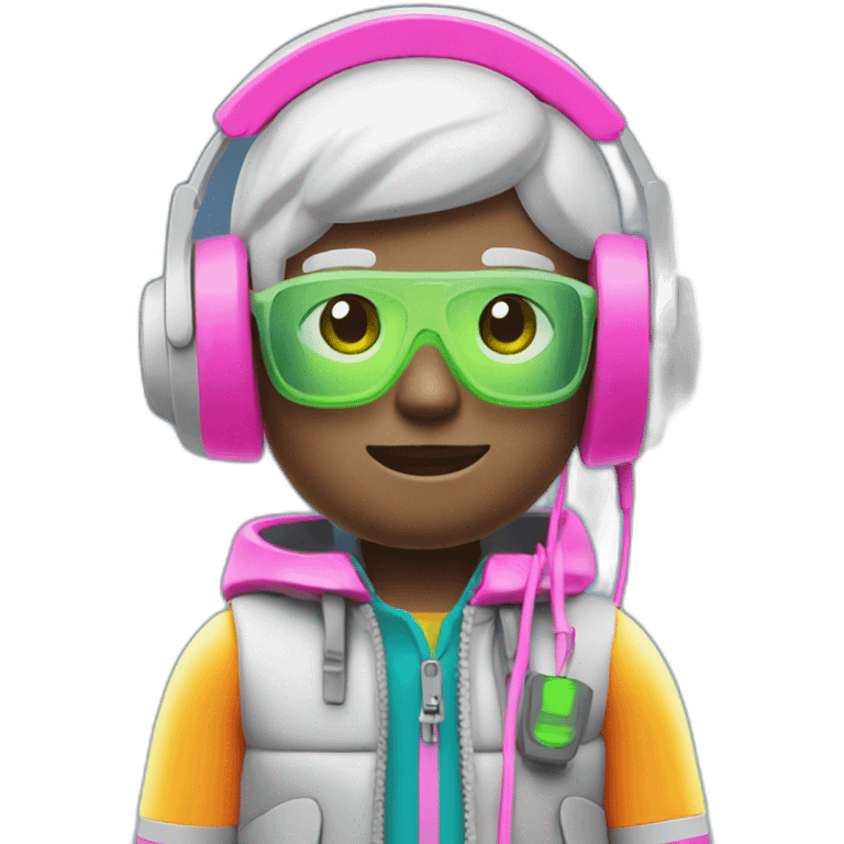 Playmobil wearing neon light clothes, having headphones emoji