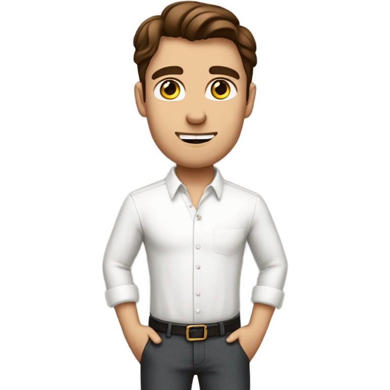 Handsome brown haired man in a white dress shirt tucked into pants with the sleeves rolled up emoji