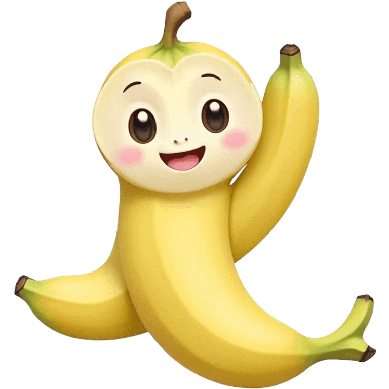 Cute Kawaii Banana, slightly curved, soft pastel yellow, cute giggling face with big round eyes, tiny arms waving happily, a peeled section revealing a smiling expression! emoji