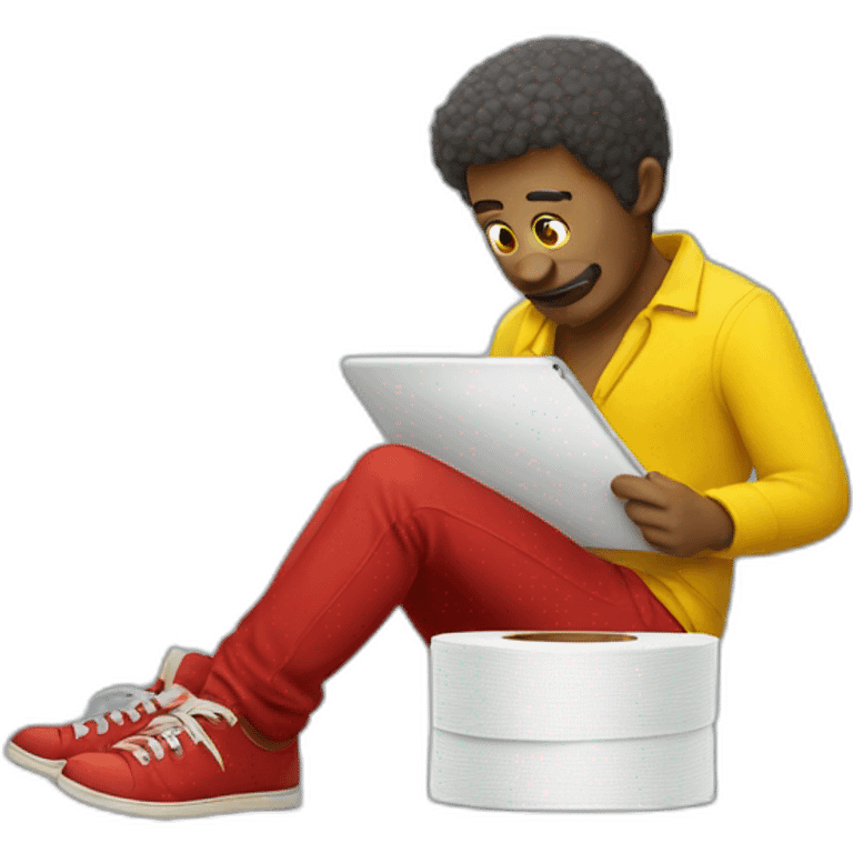 yellow man wearing red shoes with toilet paper and an ipad emoji