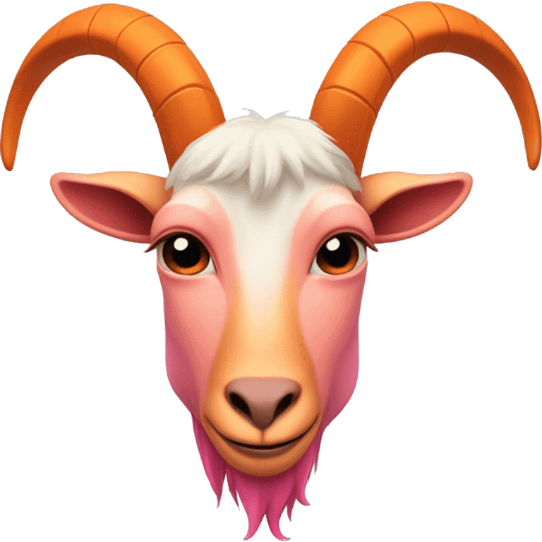 an anthromorphic goat with big curved horns and its face replaced with a rounded screen dislaying a simplified, single-colored orange-pink face emoji