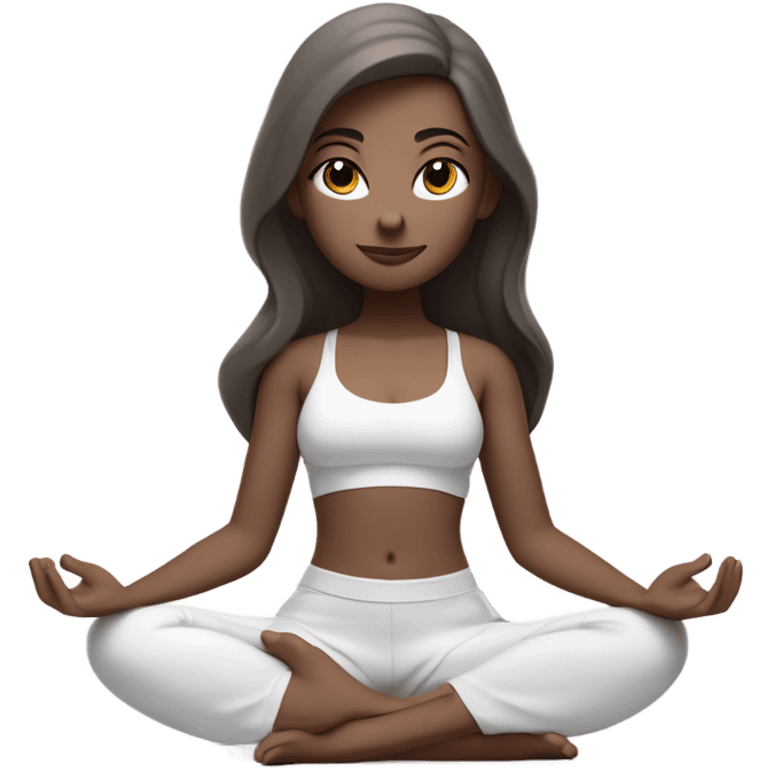 a girl with brown long hair, white skin tone with brown eyes, meditates in a relaxed lotus position in a comfortable monochrome white bra top and monochrome pink short skirt emoji