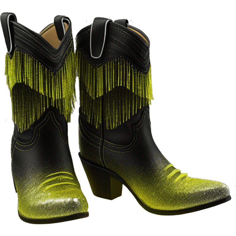 Realistic neon yellow to black ombre pair of fashion cowgirl boots with sparkly shiny glitter fringe on them. emoji