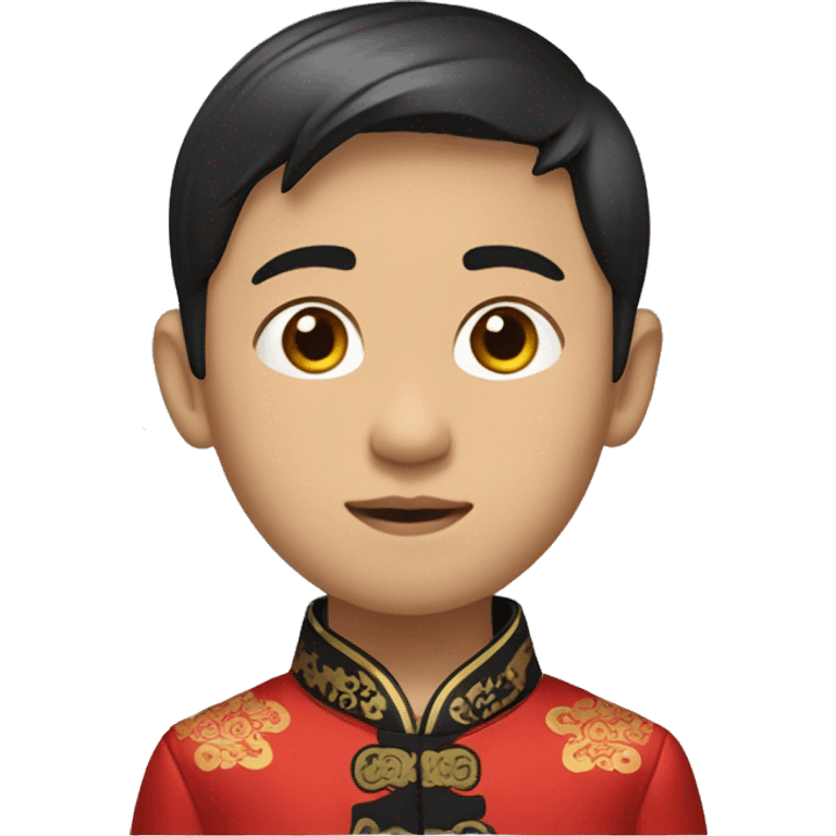 Head shot of Asian boy Wearing a traditional Chinese outfit with a red silk jacket and black pants, black dress shoes. emoji