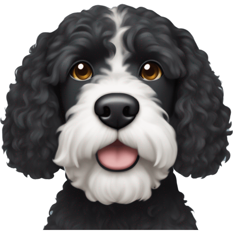 black Portuguese water dog with brown snout and white circle patch of hair on only top of head emoji