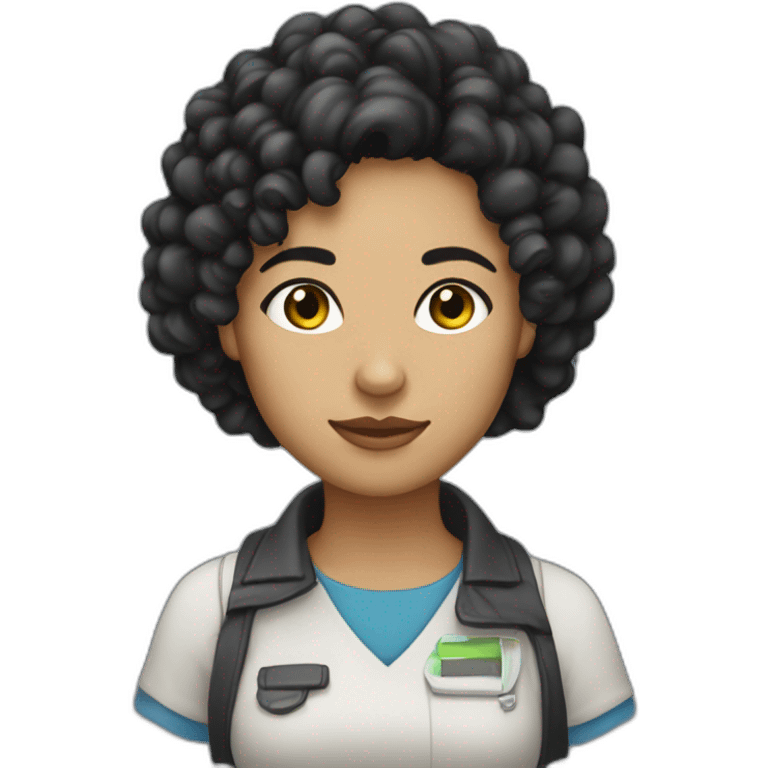 Describe a female programmer with curly black hair, black eyes, thick eyebrows, and slightly tan skin. emoji