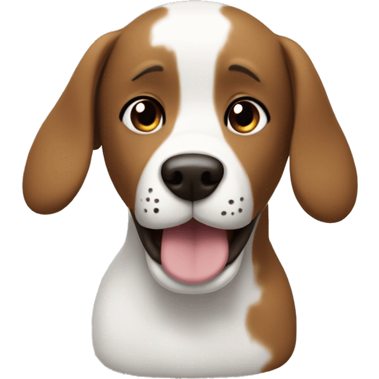 Generate me a dog-shaped plush emoji with a big head, white, long ears that go down and has a smile closed mouth. has a brown patch on the right eye and one on the left ear. emoji