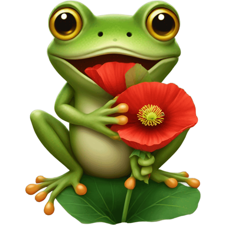 Frog holding a poppy flower  emoji